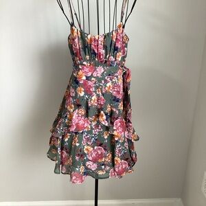 Trixxi Olive Floral Mini Dress with Pink & Orange Blooms C12